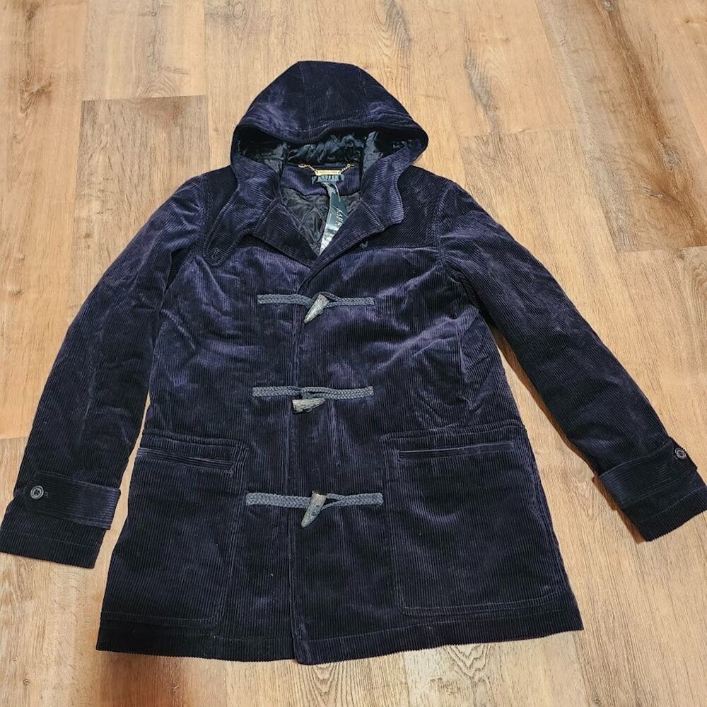 Vtg Ralph Lauren Womens Jacket Large Duffle Coat Blue Corduroy Toggle Closure